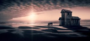 Fantasy Landscape Displaying a House and a Horse 